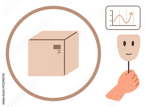 Cardboard box inside a circle, smiling mask held in hand, and upward trend graph. Ideal for concepts of emotions, business growth, packaging, delivery, analytics, performance simple flat metaphor