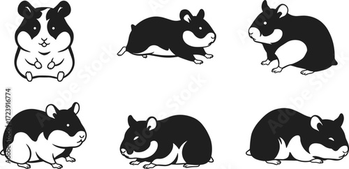 hamster, rodent, pet, animal, mammal, silhouette, icon, vector, illustration, black, white, sitting, running, crouching, resting, posture, anatomy, domestic, study, design, behavior