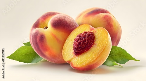 Fresh ripe peaches with green leaves on a light background