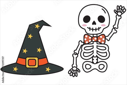 A cute cartoonish Halloween icons collection featuring smiling pumpkins  adorable rounded ghosts, playful black cats, tiny-winged bats, candy buckets filled with sweets, 