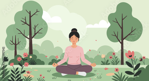 Woman meditating in nature, surrounded by trees and flowers, in a peaceful and serene setting.