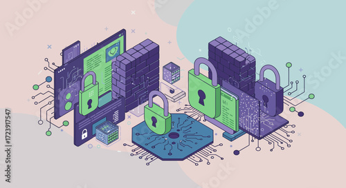 Isometric illustration of cybersecurity with locks and digital devices.