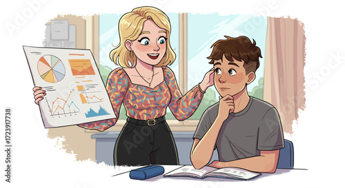 Cartoon of a tutor explaining data to a student at a desk.