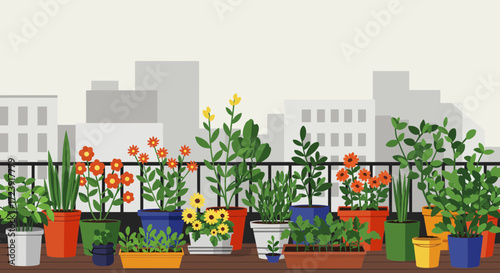 Balcony garden with potted plants and city buildings in the background.