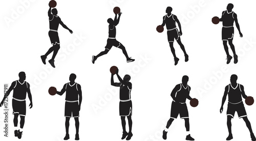 Basketball player silhouettes, men athletes dribbling dunking shooting ball, sports action poses, vector illustration
