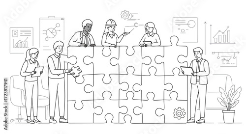 Teamwork illustration: people assembling a jigsaw puzzle, symbolizing collaboration and problem-solving.
