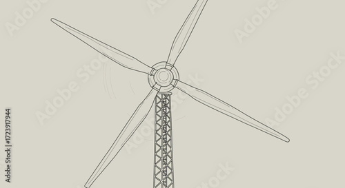 Detailed line drawing of a wind turbine with three blades and a lattice tower.