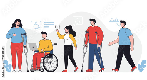 Illustration of diverse people with disabilities using assistive devices and technology.