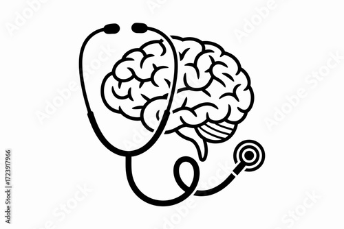 Stethoscope gently embraces a stylized human brain, symbolizing medical care and neurological health awareness.