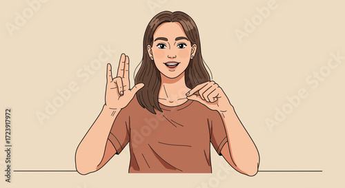 Illustration of a woman using sign language, with a neutral background.