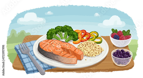 Illustration of a healthy meal with salmon, vegetables, grains, and berries on a plate.