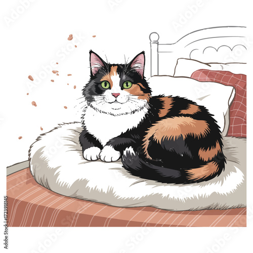 Vector art of a charming calico cat illustration, showcasing its unique coat pattern and serene expression in a cozy setting