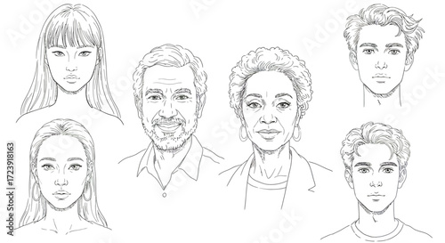 A collection of diverse faces in black and white line art.