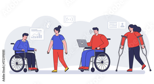 Diverse group of people, some with disabilities, in a modern office setting, promoting inclusion and accessibility.