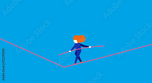 Person balancing on a tightrope with a balancing pole.