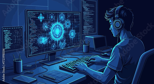 Focused coder immersed in software development with intricate interface on computer screen