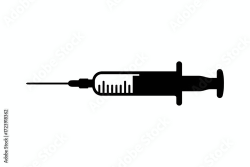 Simple silhouette of a medical syringe with needle and liquid