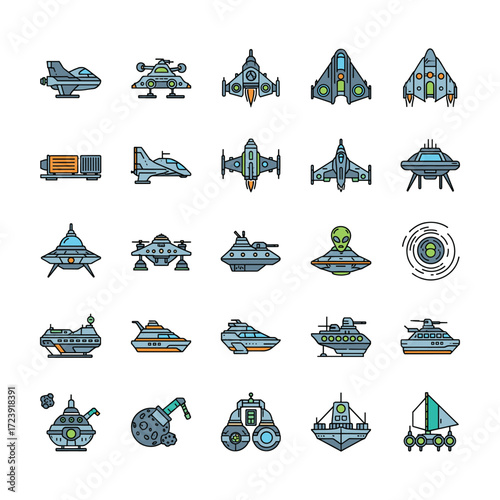 High-Quality Flat Vector Spaceships: 25 Futuristic Vehicle Icons
