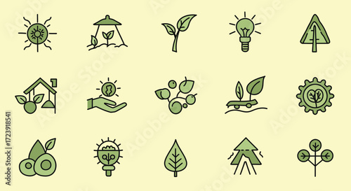 Fifteen green ecology icons on a light yellow background.