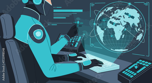 Futuristic Communication System Operator Working on a Global Network Interface