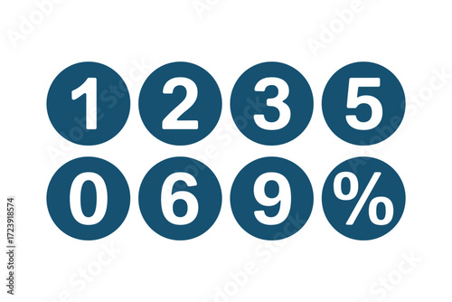 Collection of numbers and percentage symbol on blue circles, representing counting and calculation