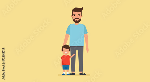 Illustration of a father and son standing together on a yellow background.