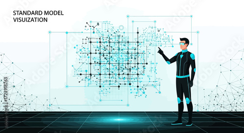 Futuristic Data Visualization Man Interacting with Complex Network Technology Interface