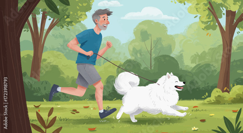 Man jogging with a white Samoyed dog in a park setting.