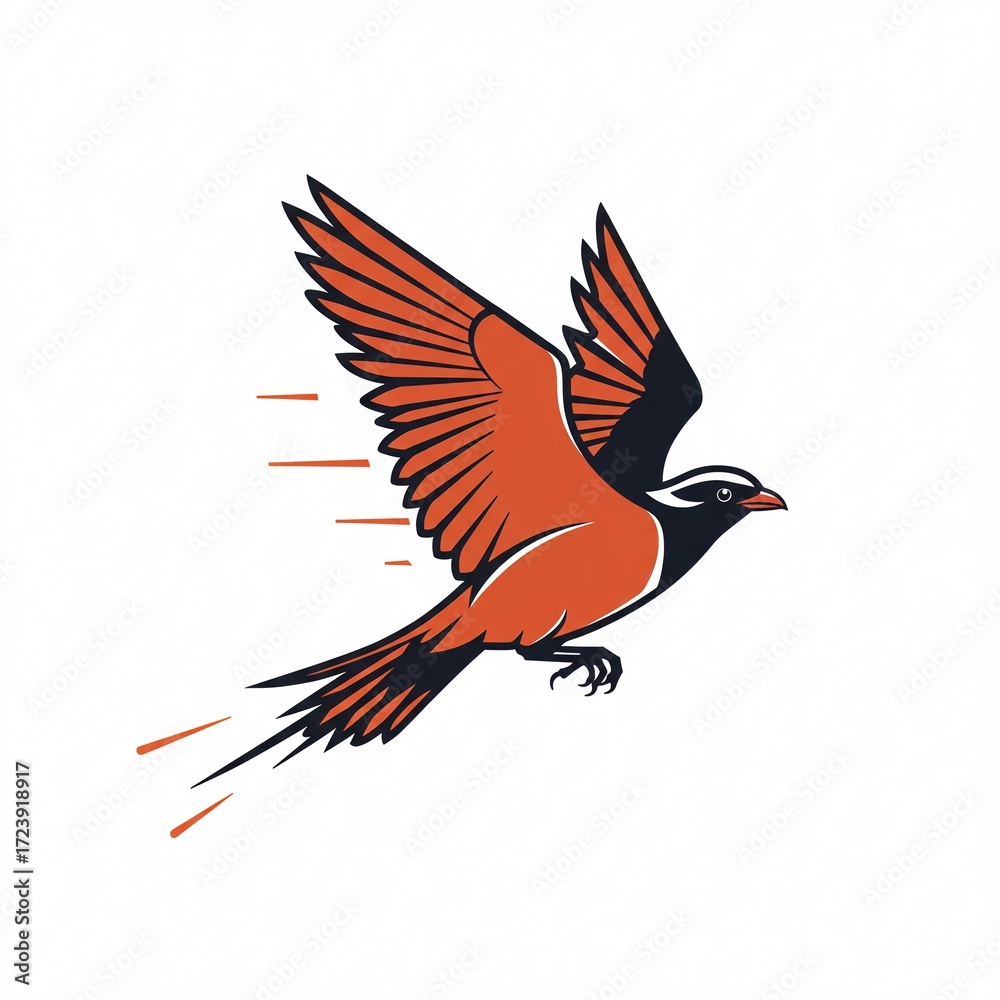 Obraz premium Illustration of a stylized orange and black bird in flight against a white background design element