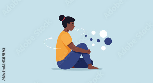Woman sitting cross-legged breathing deeply for relaxation and stress relief.