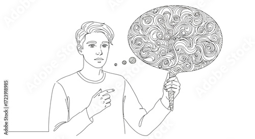 Illustration of a man with a thought bubble filled with swirling lines.