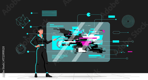 Futuristic technology interface presentation by confident businesswoman illustration