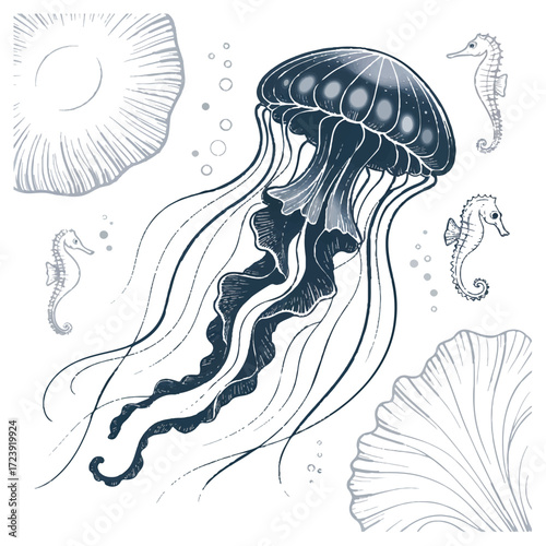 Vector art of a jellyfish with seahorses and shells the jellyfish is floating in the water with its tentacles