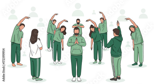 Group fitness class exercising together in a serene environment with an instructor leading yoga