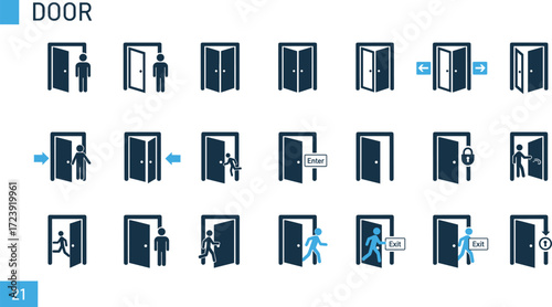 Door icons, enter and exit symbols, open and closed doors, access and navigation, vector illustration