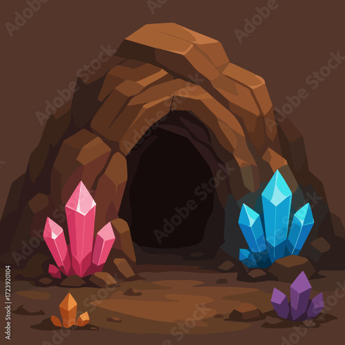 Stylized cave entrance with colorful crystals in a fantasy landscape design