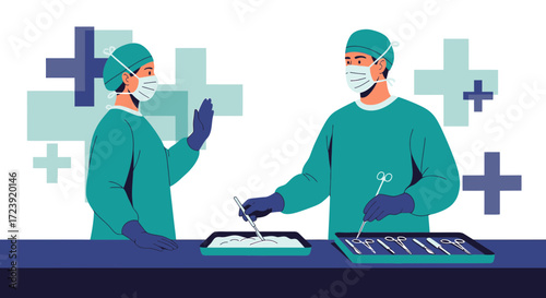 Healthcare professionals performing a surgical procedure with masks and sterile instruments