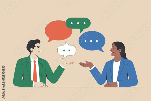 Diverse professionals engaged in a vibrant conversation with speech bubbles symbolizing ideas.