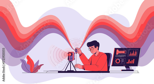 Illustration depicting a man analyzing data from a sensor connected to a computer displaying