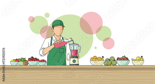 Illustration depicting a man in an apron preparing a fruit smoothie in a blender concept art