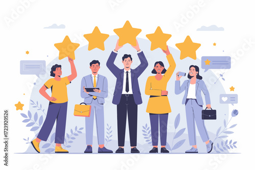 Diverse team celebrating excellent five-star rating and customer satisfaction