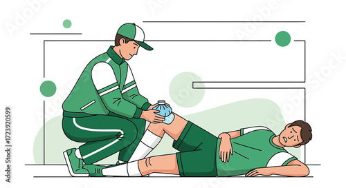 Illustration depicting a trainer assisting an injured athlete with an ice pack for knee pain