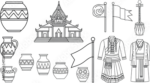 Vector illustration of burmese culture elements temple mask clothing dance and musical instrument outline art 100
