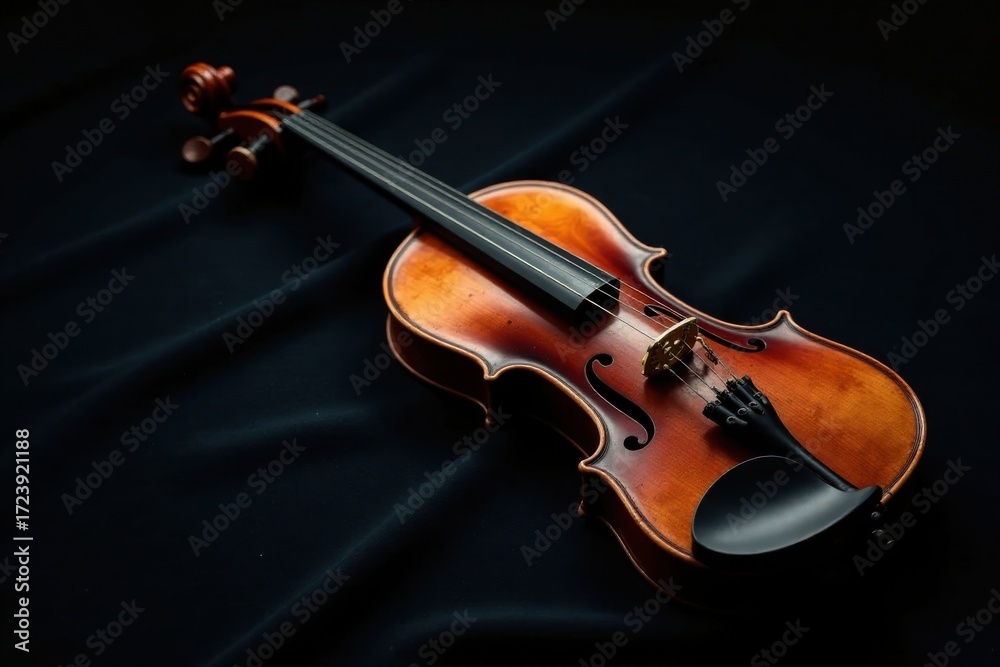 Fototapeta premium A polished violin rests on a dark fabric background, its rich wood grain highlighted by subtle lighting
