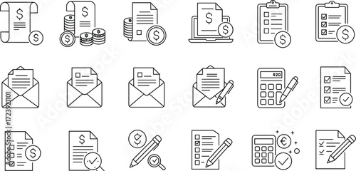 Finance and invoice icons, accounting documents, money, checklist and payment symbols, vector illustration