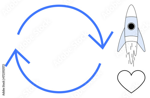 Blue circular arrows showing a continuous cycle, rocket launching upward, and a heart symbol. Ideal for innovation, teamwork, growth, passion, creativity startups progress. Simple flat metaphor