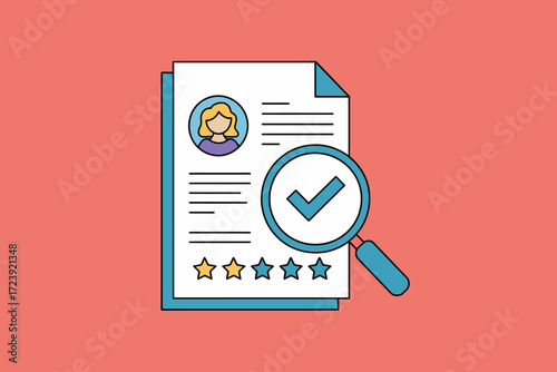 Resume review with magnifying glass and checkmark, symbolizing successful hiring and evaluation.
