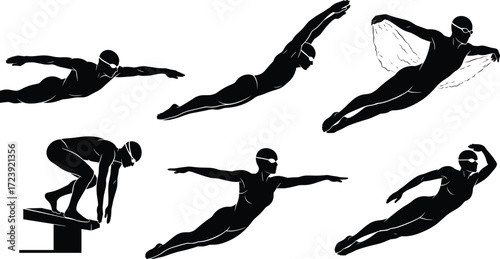 Freestyle swimming silhouettes, professional swimmers in motion with waves, sports competition and training design, vector illustration