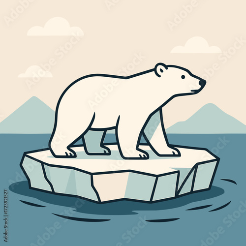 Polar bear, standing confidently, on an ice floe surrounded by water and mountains