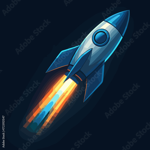 Rocket, dynamic, launching into space with colorful flames, on a dark background